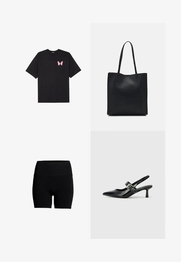 Svart bomulls T-skjorte med korte ermer, med en liten rosa sommerfugl grafikk på venstre bryst. Crew-neck design med en avslappet passform.; Svarte shorts laget av bomullsblanding med høy elastisk midjebånd, glatt tekstur og en tettsittende design. Ingen synlige mønstre eller maskinvarer.; Svarte patent lær slingback hæler med spiss tå og en liten blokkheel, med en sølvspenne som detalj på stroppen.; Svart lær tote bag med glatt tekstur, rektangulær form og to lange håndtak. Ingen synlige deler eller dekorasjoner.
