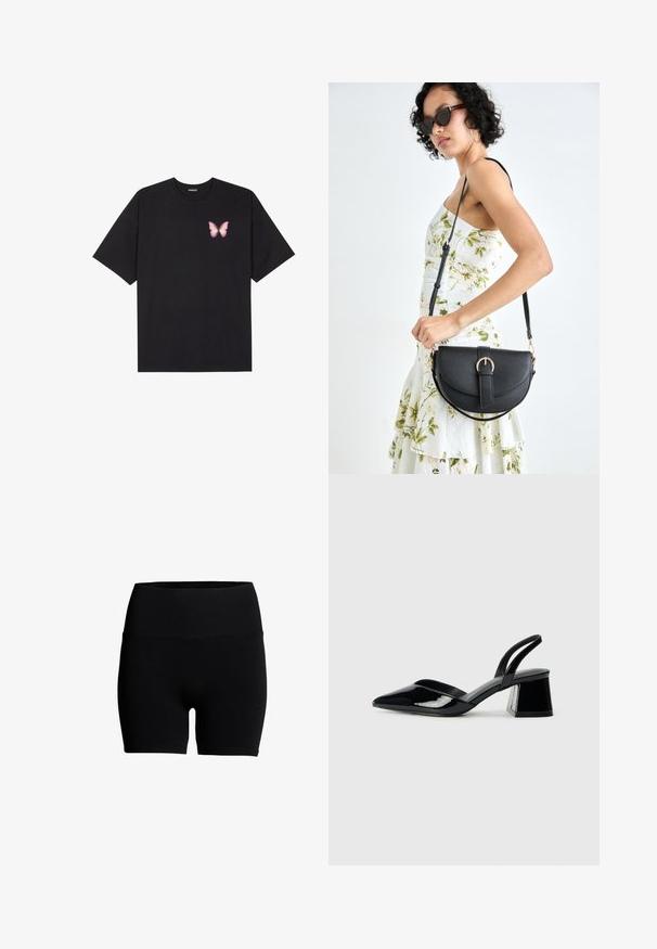 Juodas medvilnės marškinėliai trumpomis rankovėmis, su maža rožine drugelio grafika kairėje krūtinės pusėje. Apvalus kaklo iškirpimas, laisvas kirpimas.; Juodi medvilnės mišiniai šortai su aukštu elastingu liemeniu, lygia tekstūra ir prigludusia forma. Be matomų raštų ar detalių.; Juodos lakuotos odinės šlepetės su smailiu pirštu ir geometriniu bloko kulnu. Turi elegantišką, minimalistinį dizainą ir lygų paviršių.; Juodas odinis krepšys su išlenkta forma, nuimamu dirželiu ir auksiniais detalėmis. Krepšys turi kilpą su sagtimi.