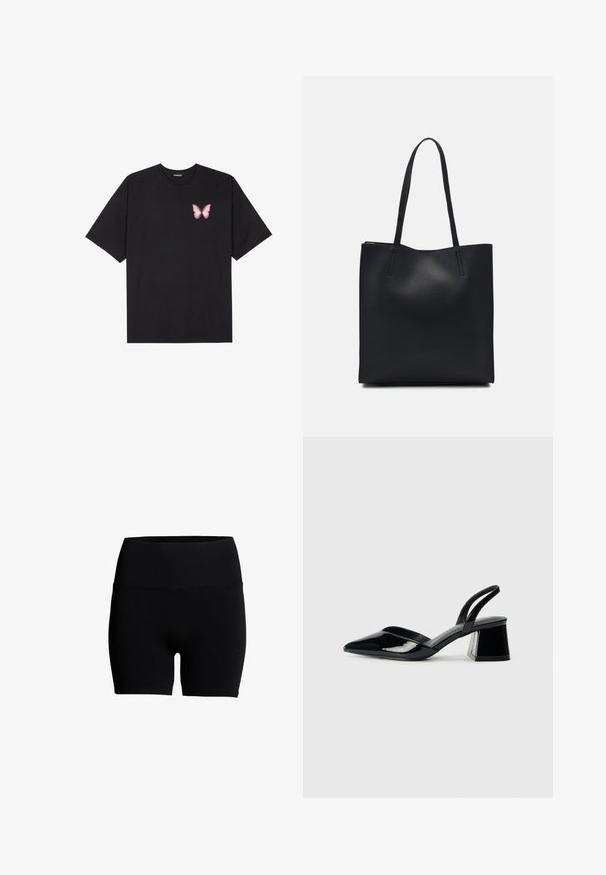 T-shirt en coton noir à manches courtes, avec un petit graphique de papillon rose sur la poitrine gauche. Modèle à col rond avec une coupe décontractée.; Shorts en mélange de coton noir avec une taille élastique haute, texture lisse et design ajusté. Pas de motifs visibles ni de détails matériels.; Escarpins en cuir verni noir avec bout pointu et talon bloc géométrique. Présente un design élégant et minimaliste ainsi qu'une texture lisse.; Sac fourre-tout en cuir noir avec une texture lisse, de forme rectangulaire et deux longues poignées. Pas de matériel ou d'ornementations visibles.