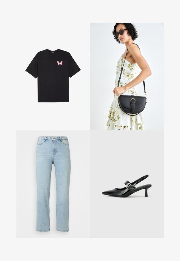 Fekete pamut póló rövid ujjakkal, bal mellkason egy kis rózsaszín pillangó grafikával. Kerek nyakú kialakítás, laza fazonnal.; Világoskék egyenes szárú farmernadrág elöl gombos és cipzáras záródással, övtartókkal és klasszikus öt zsebes dizájnnal.; Fekete lakkbőr slingback sarkú cipők hegyes orral és kis blokk talppal, ezüst csat díszítéssel a pánton.; Fekete bőrtáska ívelt formával, levehető pánttal és arany színű fémrészekkel. A táskán egy csattal díszített fedél található.