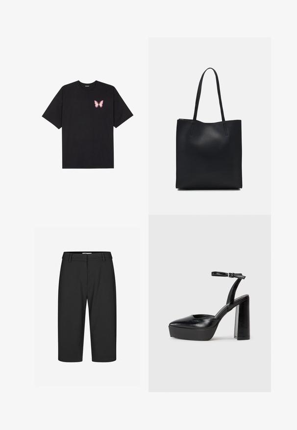 Must muströöpidega must puuvillane T-särk, vasakul rinnal on väike roosa liblikas. Ümar kaelus ja vabalt istuv lõige.; Mustad taljes kärsitav bermuda lühikesed püksid, siledast kangast, keskmise tõusuga vöökoht, üks volditud esiosa, nähtamatud taskud, servad üles keeratud, struktureeritud disain.; Mustad platvormi kontsad terava ninaga ja reguleeritava pahkluuraamiga. Valmistatud siledast nahast, funktsioneerib massiivse plokknäheeliga.; Mustast nahast kott sujuva tekstuuriga, ristkülikukujuline ja kahe pika sangaga. Pole nähtavat riistvara ega kaunistusi.