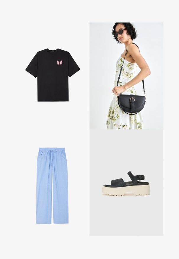 Fekete pamut póló rövid ujjakkal, bal mellkason egy kis rózsaszín pillangó grafikával. Kerek nyakú kialakítás, laza fazonnal.; Kék pizsama nadrág függőleges csíkozással és apró geometriai mintákkal. Rugalmas derékpánttal és zsinórral, valamint oldalsó zsebekkel rendelkezik.; Fekete velúr platform szandálok tömör fehér talppal, széles elülső pánttal és állítható bokapánttal. Textúrált talp a jó tapadásért.; Fekete bőrtáska ívelt formával, levehető pánttal és arany színű fémrészekkel. A táskán egy csattal díszített fedél található.