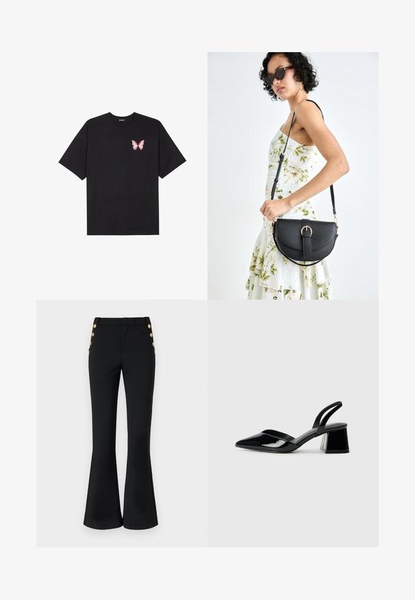 Čierne bavlnené tričko s krátkymi rukávmi, s malým ružovým motýlikom na ľavej hrudi. Design s okrúhlym výstrihom a uvoľneným strihom.; Čierne rozšírené nohavice z elastického materiálu, s plochým predným dielom, bočnými vreckami a dekoratívnymi zlatými gombíkmi pri bokoch.; Čierne lakované kožené sandálové podpätky s špicatou špičkou a geometrickým blokovým podpätkom. Disponujú elegantným, minimalistickým dizajnom a hladkým povrchom.; Čierna kožená kabelka s zaobleným tvarom, odnímateľným popruhom a zlatými doplnkami. Kabelka má klopu s detailom s prackou.