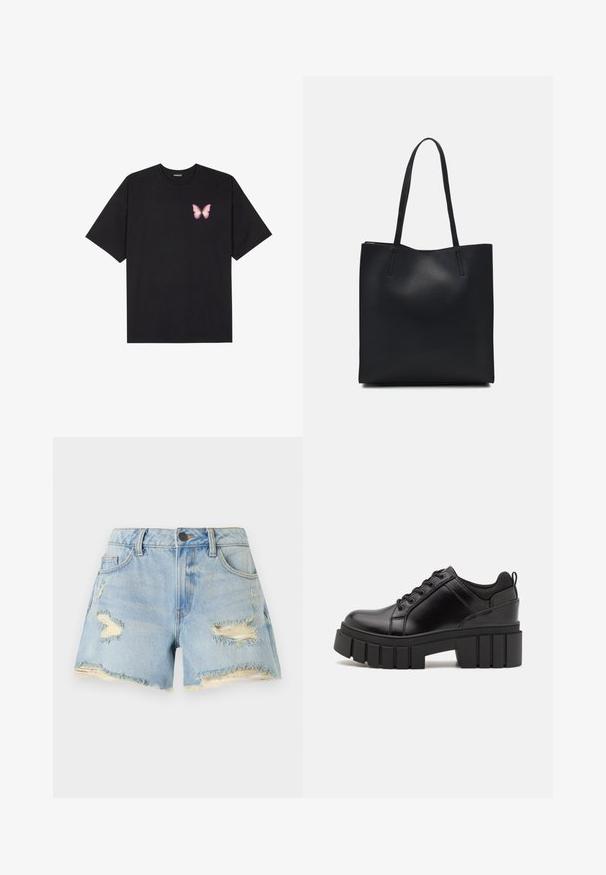 T-shirt de algodão preto com mangas curtas, apresentando um pequeno gráfico de borboleta rosa no lado esquerdo do peito. Design de gola redonda com um corte solto.; Calças de ganga curtas em azul claro com detalhes desgastados, bainha desfiada, cintura alta e design clássico de cinco bolsos. Adequadas para uso casual.; Sapatos de plataforma em couro preto com um salto bloco robusto, bico redondo e design clássico de atacadores. Apresentam uma textura suave e detalhes mínimos.; Bolsa tote preta em couro com textura lisa, forma retangular e duas alças longas. Sem hardware ou enfeites visíveis.