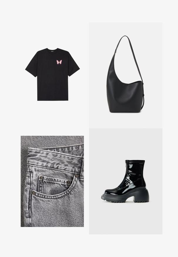 Juodas medvilnės marškinėliai trumpomis rankovėmis, su maža rožine drugelio grafika kairėje krūtinės pusėje. Apvalus kaklo iškirpimas, laisvas kirpimas.; Pilki džinsai su tekstūru, su priekinėmis kišenėmis, metaliniais nikeliais ir kontrastinga siūlėmis.; Blizgus juodos platformos kulkšninis botas su apvalia pirštine, storiu kulnu, užtrauktuku ir storu grublėtu padu prieš baltą foną.; Juodas odinis hobo maišas su lygiu paviršiumi, kreipta forma ir viena reguliuojama rankena; turi platų atidarymą viršuje.