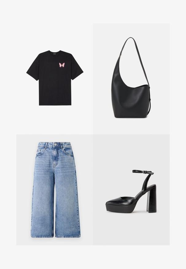 Svart bomulls T-skjorte med korte ermer, med en liten rosa sommerfugl grafikk på venstre bryst. Crew-neck design med en avslappet passform.; Lys blå denim culottes med høy midje, vide ben og frontlommer. Har sømdetaljer og knappelukking.; Sorte plattformhelter med spiss tå og justerbar ankelrem. Laget av glatt lær, med en robust blokkhel.; Svart lær hobo-veske med glatt tekstur, buet form og enkelt justerbart stropp; har en bred åpning på toppen.