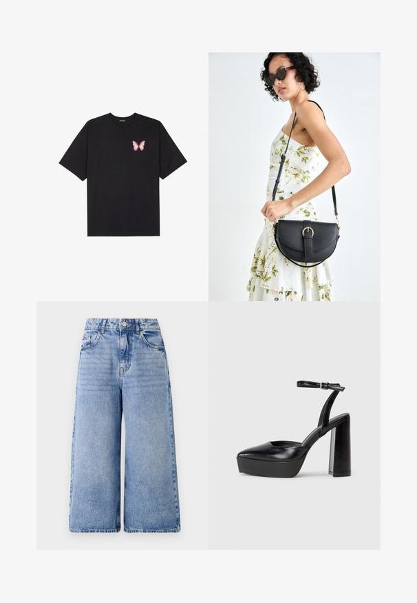 T-shirt de algodão preto com mangas curtas, apresentando um pequeno gráfico de borboleta rosa no lado esquerdo do peito. Design de gola redonda com um corte solto.; Culotes de ganga azul claro com cintura alta, pernas largas e bolsos frontais. Apresenta detalhes de costura e fecho de botão.; Saltos altos pretos com bico fino e atilho ajustável no tornozelo. Confeccionados em couro suave, apresentam um salto bloco robusto.; Bolsa de couro preta com forma curva, alça destacável e detalhes em dourado. A bolsa possui uma aba com detalhe de fivela.