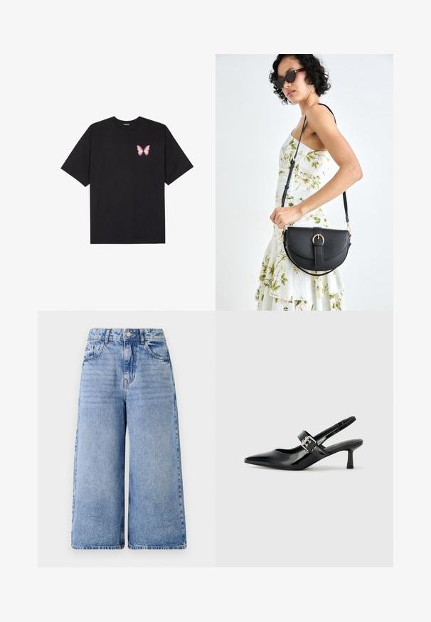 Juodas medvilnės marškinėliai trumpomis rankovėmis, su maža rožine drugelio grafika kairėje krūtinės pusėje. Apvalus kaklo iškirpimas, laisvas kirpimas.; Šviesiai mėlyni džinsiniai kulotai su aukštu juosmeniu, plačiomis kojomis ir priekinėmis kišenėmis. Yra siuvinėjimo detalės ir sagos užsegimas.; Juodai lakuoti slingback aukštakulniai su smailiu kojų pirštu ir mažais blokiniais kulniukais, su sidabro sagtimi ant dirželio.; Juodas odinis krepšys su išlenkta forma, nuimamu dirželiu ir auksiniais detalėmis. Krepšys turi kilpą su sagtimi.