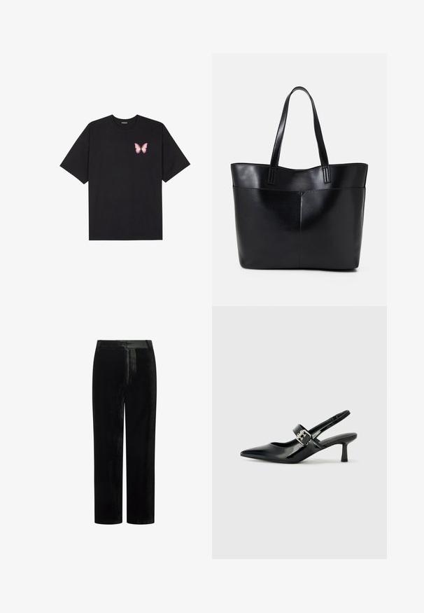 Črna bombažna majica s kratkimi rokavi, ki ima majhen roza metuljček na levi strani prsnega dela. Majica s krožnim ovratnikom in sproščenim krojem.; Črne žametne hlače s ravnim krojem, ki imajo gladko teksturo brez vidnih kovinskih delov ali okraskov.; Črne patent usnjene slingback pete s koničastim nosom in majhnim blok peto, ki vključujejo srebrno zaponko na traku.; Črna usnjena torba z dvema dolgima ročajema, gladko teksturo in strukturirano obliko. Ima sprednji žep za dodatno shranjevanje.