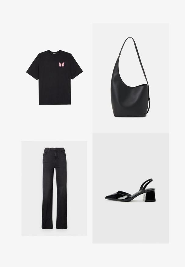 Camiseta de algodón negra de manga corta, con un pequeño gráfico de mariposa rosa en el lado izquierdo del pecho. Diseño de cuello redondo con un corte relajado.; Jeans rectos de mezclilla negra con cintura alta, diseño de cinco bolsillos y costuras visibles. Textura suave con un acabado ligeramente deslavado.; Zapatos de tacón slingback de charol negro con punta afilada y tacón geométrico en bloque. Presentan un diseño elegante y minimalista, así como una textura suave.; Bolso tipo hobo de cuero negro con una textura suave, forma curvada y una sola correa ajustable; presenta una amplia apertura en la parte superior.