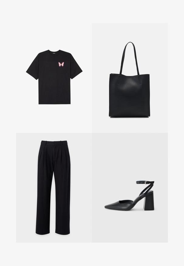 Črna bombažna majica s kratkimi rokavi, ki ima majhen roza metuljček na levi strani prsnega dela. Majica s krožnim ovratnikom in sproščenim krojem.; Črne hlače s ravnim krojem, opremljene z nabranimi elementi spredaj, gladko teksturo in klasičnim pasom za eleganten videz.; Črne usnjene klasične čevlje z ostrim nosom, z zaponko za gleženj in debelim peto. Ravna tekstura, eleganten dizajn in minimalistična estetika.; Črna usnjena torba s svilnato teksturo, pravokotne oblike in dvema dolgima ročajema. Brez vidnih metalnih delov ali okrasnih elementov.