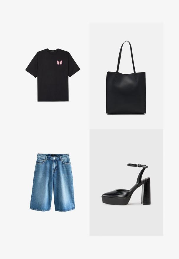 T-shirt en coton noir à manches courtes, avec un petit graphique de papillon rose sur la poitrine gauche. Modèle à col rond avec une coupe décontractée.; Shorts en denim de couleur bleu clair, avec une coupe ample, un design standard à cinq poches et une taille avec fermeture à bouton.; Escarpins noirs à plateforme avec un bout pointu et une sangle réglable à la cheville. Conçus en cuir lisse, avec un large talon bloc.; Sac fourre-tout en cuir noir avec une texture lisse, de forme rectangulaire et deux longues poignées. Pas de matériel ou d'ornementations visibles.