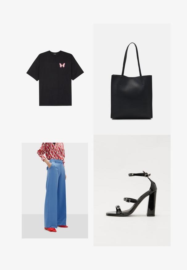Black cotton t-shirt with short sleeves, featuring a small pink butterfly graphic on the left chest. Crew neck design with a relaxed fit.; Light blue, wide-leg trousers with pockets and a smooth texture, paired with a patterned red and pink long-sleeve shirt and red pointed shoes.; Black patent high-heeled sandals with two buckle straps, square toe, and a chunky block heel, featuring a smooth, glossy texture.; Black leather tote bag with smooth texture, rectangular shape, and two long handles. No visible hardware or embellishments.