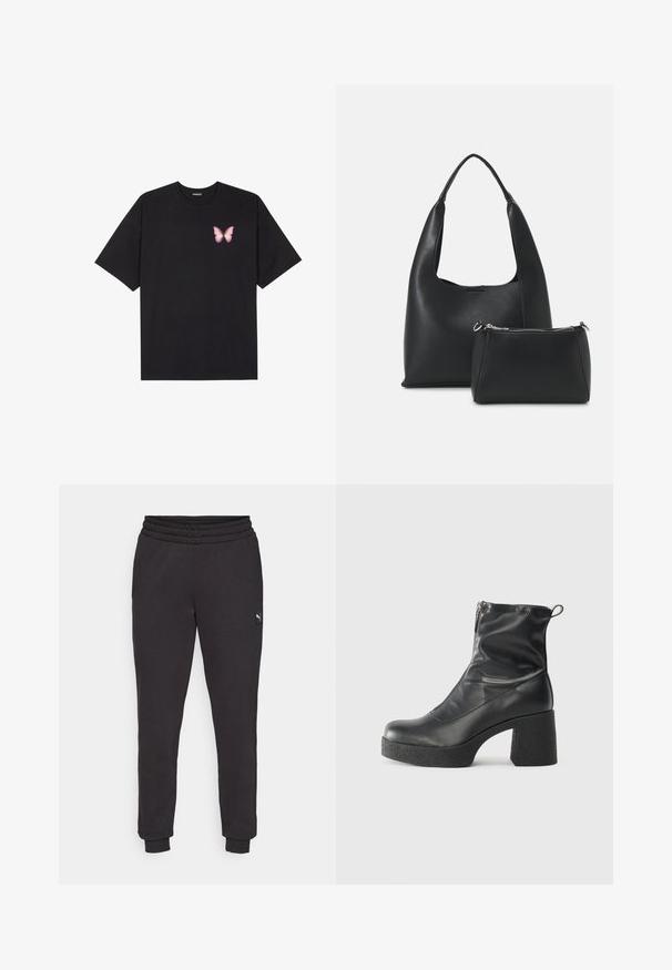 T-shirt de algodão preto com mangas curtas, apresentando um pequeno gráfico de borboleta rosa no lado esquerdo do peito. Design de gola redonda com um corte solto.; Calças de treino pretas com um cós elástico, pernas ajustadas e uma pequena etiqueta com logo na lateral. Feitas de um tecido de algodão macio e texturizado.; Botas de tornozelo pretas feitas de couro liso, com fecho lateral, salto grosso texturizado e design de bico arredondado.; Even&Odd Mala de mão - black