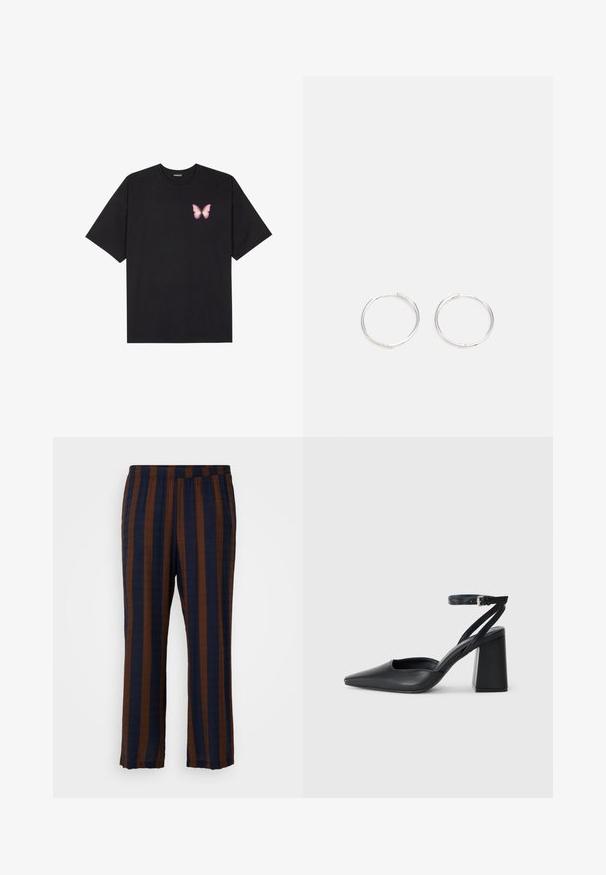 Czarny bawełniany t-shirt z krótkim rękawem, z małym różowym motylkiem na lewej piersi. Klasyczny dekolt z luźnym fasonem.; Pasiaste spodnie w granatowo-brązowym kolorze, wykonane z lekkiego materiału. Posiadają elastyczny pas oraz luźny, prosty krój nogawek.; Czarne skórzane czółenka z ostrym noskiem, z paskiem na kostce i grubym obcasem. Gładka faktura, elegancki design i minimalistyczna estetyka.; Srebrne kolczyki w kształcie obręczy o gładkim, okrągłym designie, charakteryzujące się gładką powierzchnią i brakiem widocznych ozdób. Średnica nieokreślona.