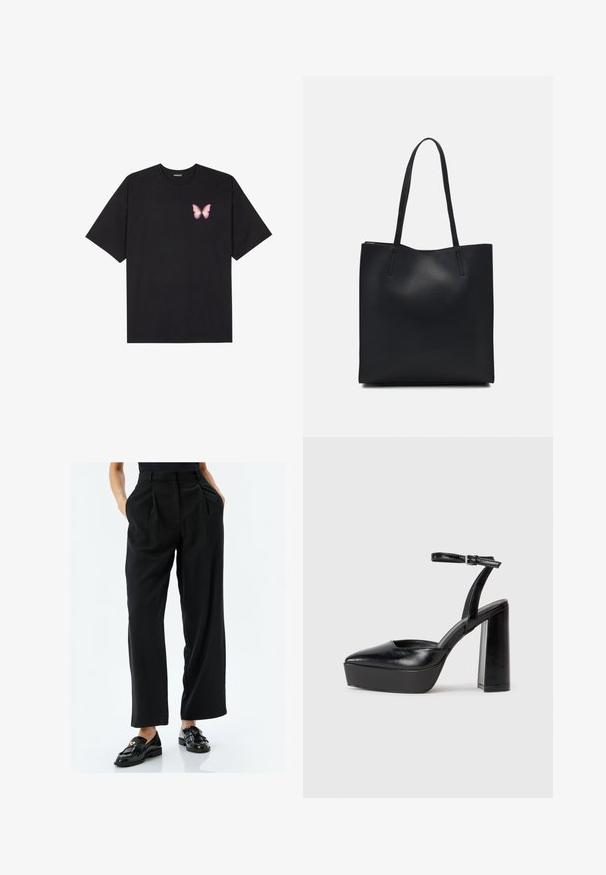 Schwarzes Baumwoll-T-Shirt mit kurzen Ärmeln, das ein kleines pinkes Schmetterlingsmotiv auf der linken Brust zeigt. Crewneck-Design mit einem entspannten Schnitt.; Schwarze, weite Hosen aus glattem Stoff, mit vorderen Falten und seitlichen Taschen. Kombiniert mit glänzenden schwarzen Slippern, die Fransen und einen goldenen Akzent haben.; Schwarze Plateau-High Heels mit spitzem Zeh und verstellbarem Knöchelriemen. Gefertigt aus glattem Leder und mit einem klobigen Blockabsatz.; Schwarze Laptoptasche aus Leder mit glatter Textur, rechteckiger Form und zwei langen Griffen. Keine sichtbaren Beschläge oder Verzierungen.