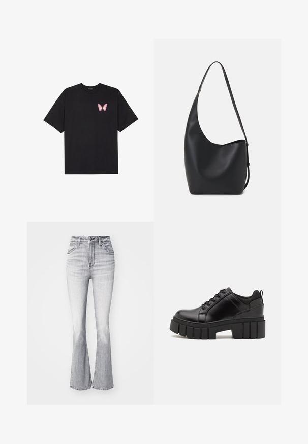 Zwarte katoenen t-shirt met korte mouwen, voorzien van een kleine roze vlinder graphic op de linkerkant van de borst. Crew neck ontwerp met een relaxte fit.; Lee BREESE - Broek - heavy ice; Zwarte leren platform schoenen met een stevige blokhak, ronde neus en een traditionele vetersluiting. Kenmerkt zich door een gladde textuur en minimale details.; Zwarte leren hobo tas met een gladde textuur, kromme vorm en een enkele verstelbare schouderband; heeft een brede opening aan de bovenkant.