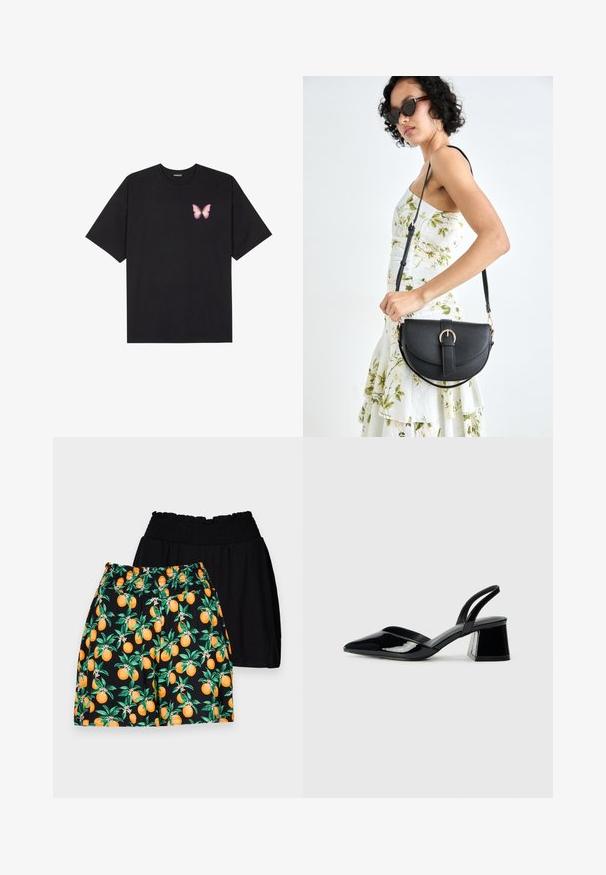 Zwarte katoenen t-shirt met korte mouwen, voorzien van een kleine roze vlinder graphic op de linkerkant van de borst. Crew neck ontwerp met een relaxte fit.; Zwarte en gemusterde shorts; een zwarte met een gladde textuur, en een oranje gemodelleerde met groene bladeren en feloranje fruit.; Zwarte gepatineerde leren slingback hakken met een spitse neus en een geometrische blokhak. Kenmerkt zich door een slank, minimalistisch ontwerp en een gladde textuur.; Zwarte leren handtas met een gebogen vorm, afneembare schouderband en gouden hardware. De tas heeft een klep met een gespsluiting.