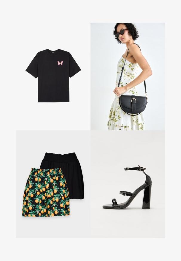 Črna bombažna majica s kratkimi rokavi, ki ima majhen roza metuljček na levi strani prsnega dela. Majica s krožnim ovratnikom in sproščenim krojem.; Črne kratke hlače; črne hlače z gladko teksturo, oranžne hlače s poudarjenim vzorcem, ki vključuje zelene liste in svetlo oranžno sadje.; Črne lakaste sandale z visokimi petami, z dvema trakovoma z zaponkama, kvadratnim sprednjim delom in masivno širšo peto, z gladko, sijočo teksturo.; Črna usnjena torbica s ukrivljeno obliko, z odstranljivo naramnico in zlatimi dodatki. Torbica ima pokrov s podrobnostmi v obliki zaponke.