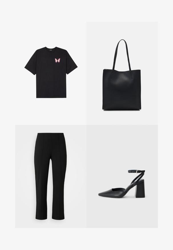 Schwarzes Baumwoll-T-Shirt mit kurzen Ärmeln, das ein kleines pinkes Schmetterlingsmotiv auf der linken Brust zeigt. Crewneck-Design mit einem entspannten Schnitt.; Vero Moda Curve VMCBECKY PULL ON - Stoffhose - black; Schwarze Leder-Pumps mit spitzer Zehe, einem Knöchelriemen und einem blockigen Absatz. Flache Textur, elegantes Design und minimalistische Ästhetik.; Schwarze Laptoptasche aus Leder mit glatter Textur, rechteckiger Form und zwei langen Griffen. Keine sichtbaren Beschläge oder Verzierungen.