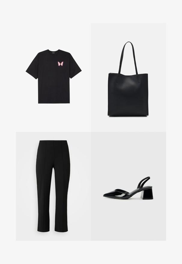 Black cotton t-shirt with short sleeves, featuring a small pink butterfly graphic on the left chest. Crew neck design with a relaxed fit.; Vero Moda Curve VMCBECKY PULL ON - Trousers - black; Black patent leather slingback heels with a pointed toe and a geometric block heel. Features a sleek, minimal design and smooth texture.; Black leather tote bag with smooth texture, rectangular shape, and two long handles. No visible hardware or embellishments.