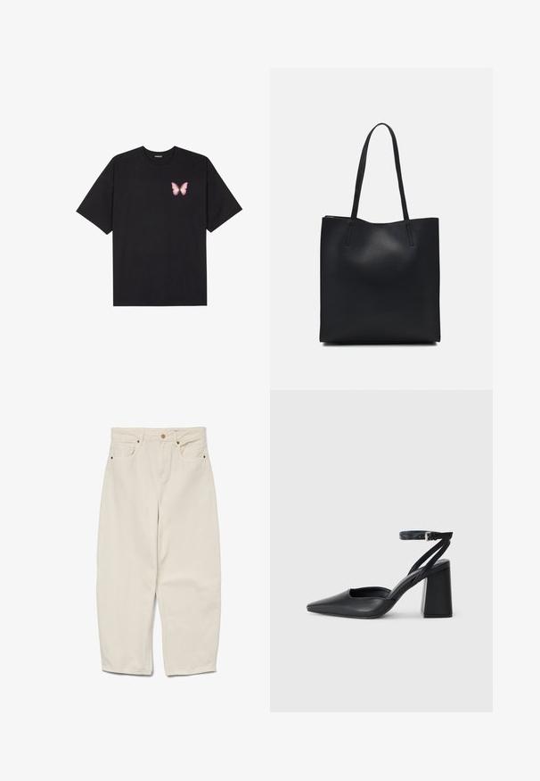 Čierne bavlnené tričko s krátkymi rukávmi, s malým ružovým motýlikom na ľavej hrudi. Design s okrúhlym výstrihom a uvoľneným strihom.; Béžové krojované nohavice s vysokým pásom, so širokými nohavicami, dvoma prednými vreckami a jedným gombíkom na zapínanie. Hladká textura; dĺžka po členky.; Čierne kožené lodičky s špicatou špičkou a členkovým remienkom, s masívnym podpätkom. Hladký povrch, elegantný dizajn a minimalistická estetika.; Čierna kožená taška na rameno s hladkým povrchom, obdĺžnikovým tvarom a dvoma dlhými uchami. Bez viditeľného kovania alebo ozdôb.