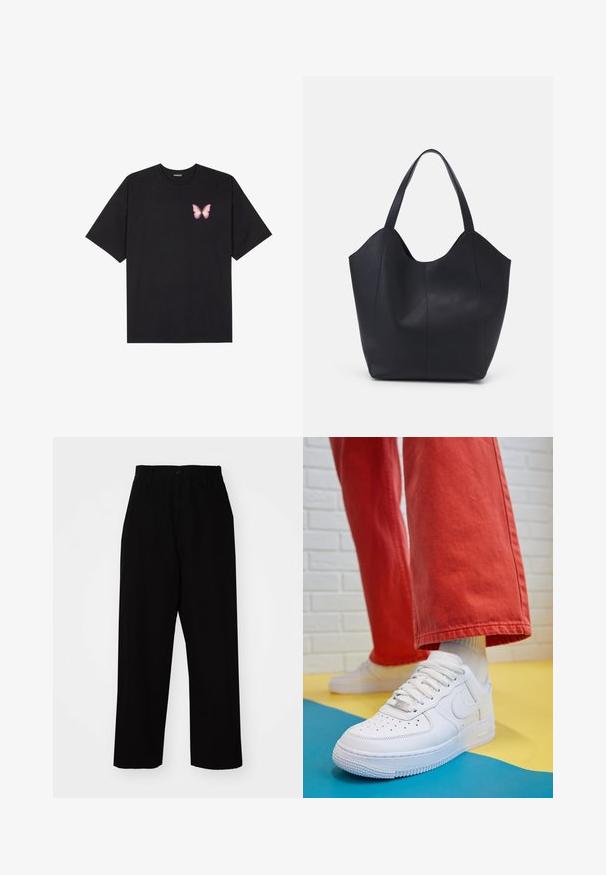 Čierne bavlnené tričko s krátkymi rukávmi, s malým ružovým motýlikom na ľavej hrudi. Design s okrúhlym výstrihom a uvoľneným strihom.; Čierne nohavice z pevnej bavlnenej tkaniny. Majú strih rovného nohu, pútka na opasok, zapínanie na gombík a čistý lem.; Biele kožené tenisky s perforovanou špičkou, textúrovanou podrážkou a bielymi šnúrkami, spárované so širokými červenými nohavicami na modrom a žltom pozadí.; Čierna taška s dlhým uchom vyrobená z hladkej kože, s oblým otvoreným vrchom a dvoma ramennými popruhmi, minimalistického dizajnu.
