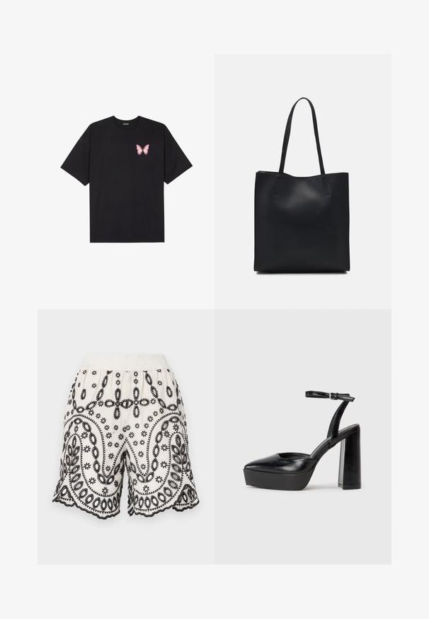 Fekete pamut póló rövid ujjakkal, bal mellkason egy kis rózsaszín pillangó grafikával. Kerek nyakú kialakítás, laza fazonnal.; Fehér szövetnadrág bonyolult fekete hímzéssel, virágos és paisley mintákkal, gumis derékkal és fodros szélekkel.; Fekete platform magassarkú cipők hegyes orral és állítható bokapánttal. Sima bőrből készült, vastag talppal.; Fekete bőrtáska sima felszínnel, téglalap alakú, két hosszú füllel. Nincs látható fémkiegészítő vagy díszítés.