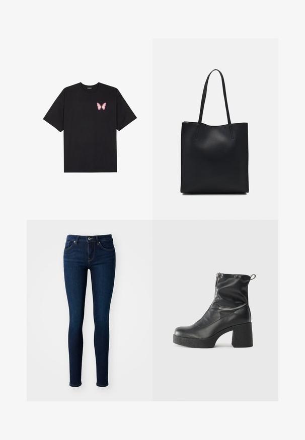 Černé bavlněné tričko s krátkým rukávem, na levém prsou s malou grafikou růžové motýlky. Design s kruhovým výstřihem a volným střihem.; Tmavě modré skinny džíny s klasickým designem, které mají přední kapsy, zapínání na jediný knoflík a mírně vybledlou texturu.; Černé kotníkové boty vyrobené z hladké kůže, s bočním zipem, robustním strukturovaným podpatkem a kulatou špičkou.; Černá kožená taška přes rameno s hladkým povrchem, obdélníkovým tvarem a dvěma dlouhými uchy. Žádné viditelné kování ani ozdoby.