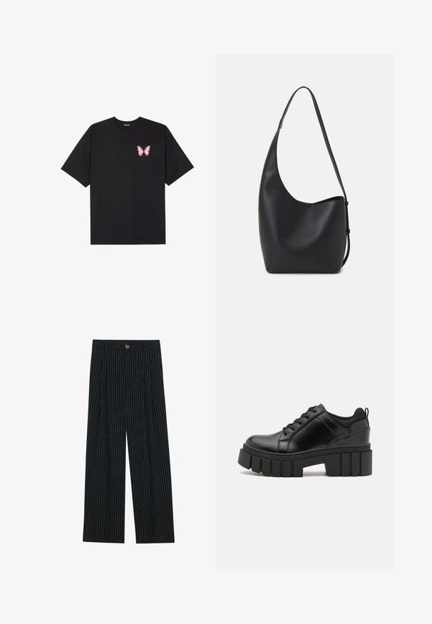 Must muströöpidega must puuvillane T-särk, vasakul rinnal on väike roosa liblikas. Ümar kaelus ja vabalt istuv lõige.; Mustra mustriga laiad püksid, mis on valmistatud tekstuuriga kangast, ees on nupuga sulgemine ja volditud disain, mis lisab huvitavat elementi.; Must musta platvormsussid paksu plokkninal, ümmarguse varbaga ja traditsioonilise nööridega kinnitamisega. Sussid on sileda tekstuuriga ja minimaalsete detailidega.; Mustast nahast hobo kott, millel on sile tekstuur, kumer kuju ja üks reguleeritav rihm; peal on lai avaus.