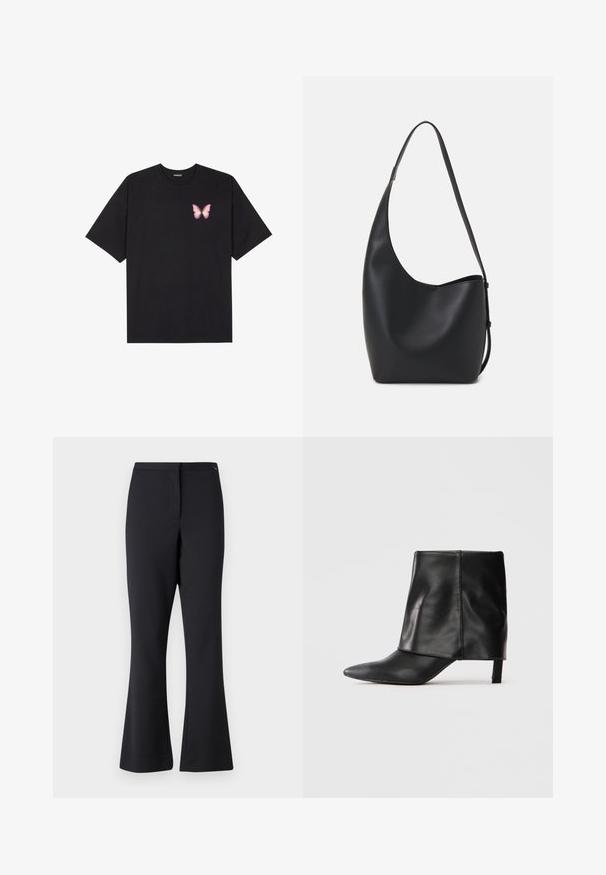 Must muströöpidega must puuvillane T-särk, vasakul rinnal on väike roosa liblikas. Ümar kaelus ja vabalt istuv lõige.; Mustad flared püksid, mis on valmistatud puuvilla segust, omavad siledat tekstuuri, vöökohta ja kohandatud esiseemetega.; Must mustaastmede pikkade varbaga, volditud ülemise põlveosas ja saleda madala kontsaga jalanõu valge tausta peal.; Mustast nahast hobo kott, millel on sile tekstuur, kumer kuju ja üks reguleeritav rihm; peal on lai avaus.