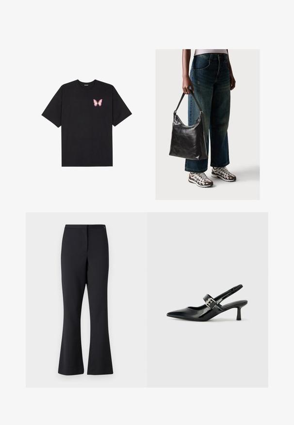 Sort bomulds T-shirt med korte ærmer, prydet med en lille pink sommerfugl grafik på venstre bryst. Rund hals design med en afslappet pasform.; Sorte flared bukser lavet af en bomuldsblanding, med en glat tekstur, taljeelastik og skræddersyede frontsyninger.; Sorte laker slingback hæle med spids tå og en lille blokhæl, med en sølvspændeaccent på remmen.; Sort læder skuldertaske med en glat tekstur og justerbar skulderrem, parret med faded brede bukser og atletiske sneakers.