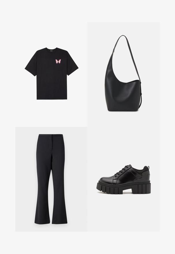 Black cotton t-shirt with short sleeves, featuring a small pink butterfly graphic on the left chest. Crew neck design with a relaxed fit.; Black flared trousers made of cotton blend fabric, featuring a smooth texture, waistband, and tailored front seam details.; Black leather platform shoes with a chunky block heel, round toe, and traditional lace-up design. Features smooth texture and minimal detailing.; Black leather hobo bag with a smooth texture, curved shape, and single adjustable strap; features a wide opening at the top.