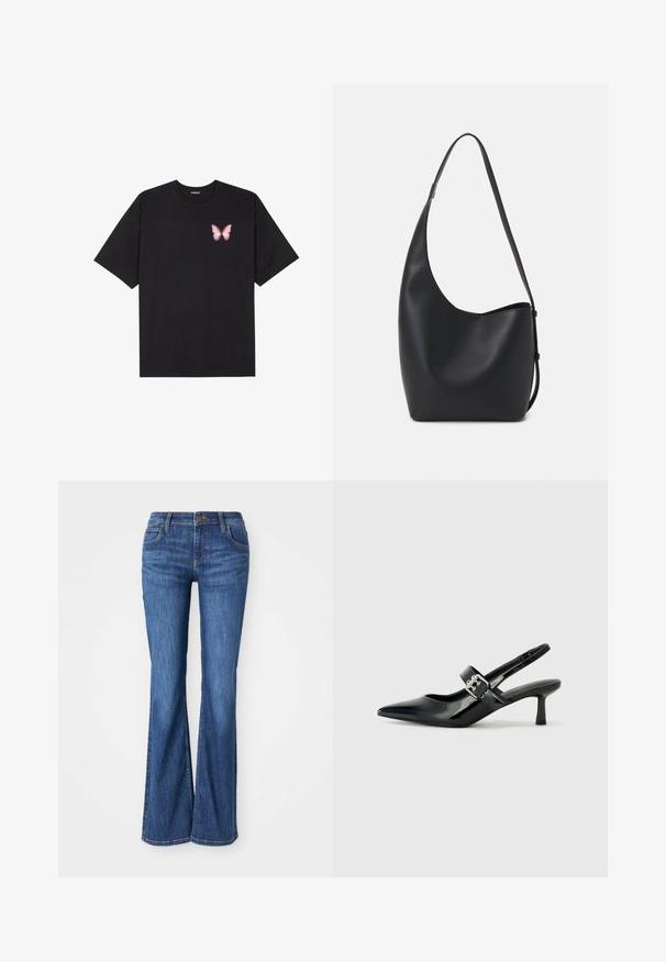 T-shirt de algodão preto com mangas curtas, apresentando um pequeno gráfico de borboleta rosa no lado esquerdo do peito. Design de gola redonda com um corte solto.; Jeans bootcut azul em denim com bolsos frontais, fecho de botão e passantes para cinto, exibidos sobre um fundo branco.; Saltos slingback em verniz preto com bico pontiagudo e um pequeno salto bloco, apresentando um detalhe de fivela prateada na tira.; Saco hobo preto em pele com uma textura lisa, forma curva e uma única alça ajustável; apresenta uma abertura larga na parte de cima.