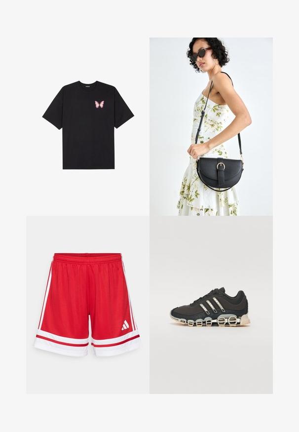T-shirt nera in cotone con maniche corte, caratterizzata da una piccola grafica di una farfalla rosa sul lato sinistro del petto. Design a girocollo con una vestibilità rilassata.; Pantaloni sportivi rossi con vita elastica, strisce bianche ai lati e dettagli bianchi all'orlo. Presentano il logo Adidas in bianco.; Scarpa da ginnastica nera con tomaia testurizzata, tre strisce argentate e una suola ammortizzata distintiva con più sezioni integrate.; Borsa a tracolla nera in pelle con una forma curva, manico rimovibile e accessori dorati. La borsa presenta una patta con un dettaglio a fibbia.