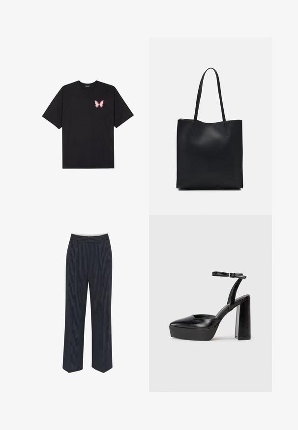 T-shirt nera in cotone con maniche corte, caratterizzata da una piccola grafica di una farfalla rosa sul lato sinistro del petto. Design a girocollo con una vestibilità rilassata.; Pantaloni blu navy con righe verticali bianche, design a gamba larga, tessuto liscio, passanti per cintura e una piega sul davanti per un aspetto sartoriale.; Tacchi a piattaforma neri con punta appuntita e cinturino regolabile alla caviglia. Realizzati in pelle liscia, presentano un tacco a blocco spesso.; Borsa tote in pelle nera con texture liscia, forma rettangolare e due manici lunghi. Nessun hardware o decorazione visibile.
