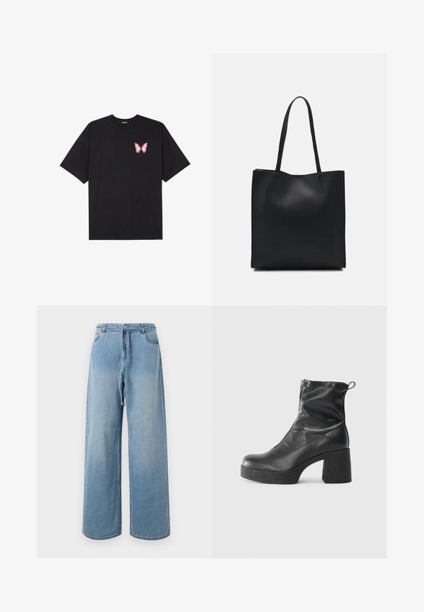 Černé bavlněné tričko s krátkým rukávem, na levém prsou s malou grafikou růžové motýlky. Design s kruhovým výstřihem a volným střihem.; Světle modré džínové široké kalhoty s vysokým pasem, s předními kapsami, páskem na zavázání a vybledlým vzhledem.; Černé kotníkové boty vyrobené z hladké kůže, s bočním zipem, robustním strukturovaným podpatkem a kulatou špičkou.; Černá kožená taška přes rameno s hladkým povrchem, obdélníkovým tvarem a dvěma dlouhými uchy. Žádné viditelné kování ani ozdoby.