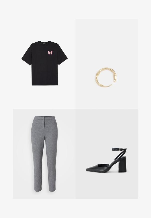 Must muströöpidega must puuvillane T-särk, vasakul rinnal on väike roosa liblikas. Ümar kaelus ja vabalt istuv lõige.; Hallid hallid trikoo retuusid, mis on restitud, kõrge vöökoha ja sileda tekstuuriga. Omavad peent mustrit ning puudub nähtav riistvara.; Mustmustest must-käigukingad, millel on konksuga nöör ja paks konts. Ühtlane tekstuur, stiilne disain ja minimalistlik esteetika.; Kuldtoonis sõrmus, millel on orgaaniline, keerdunud disain sileda tekstuuri ja kitsenevate otstega, luues kaasaegse skulptuurilise välimuse.