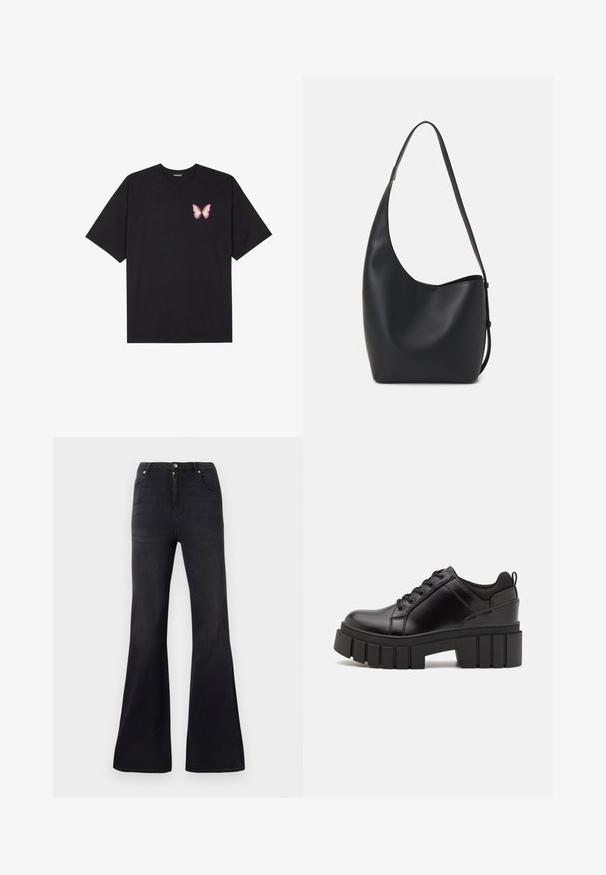 Black cotton t-shirt with short sleeves, featuring a small pink butterfly graphic on the left chest. Crew neck design with a relaxed fit.; Black high-waist denim jeans with flared legs, front button and zipper closure, and five-pocket styling.; Black leather platform shoes with a chunky block heel, round toe, and traditional lace-up design. Features smooth texture and minimal detailing.; Black leather hobo bag with a smooth texture, curved shape, and single adjustable strap; features a wide opening at the top.