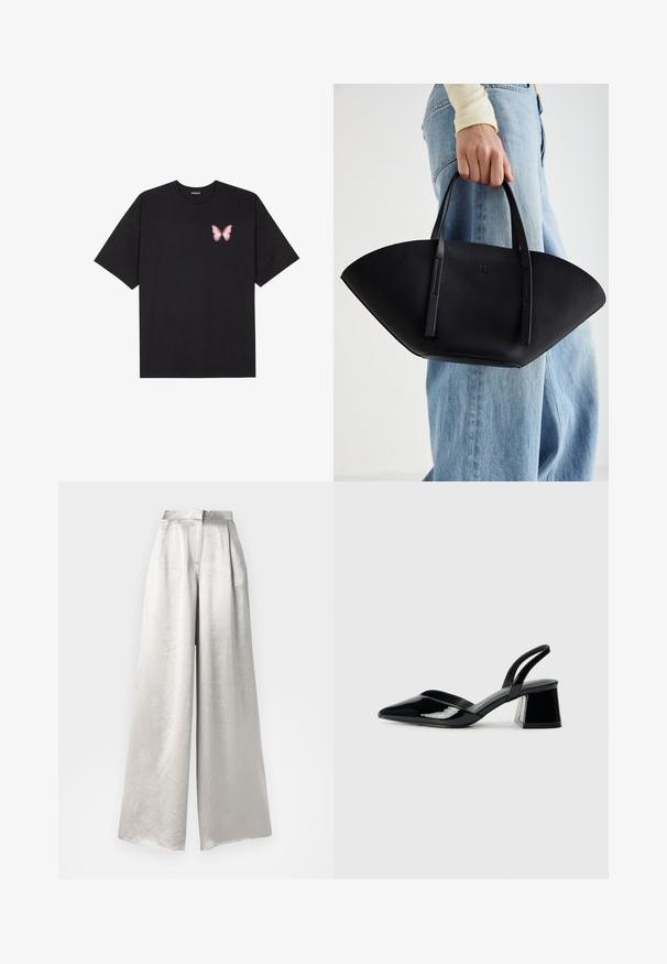 Must muströöpidega must puuvillane T-särk, vasakul rinnal on väike roosa liblikas. Ümar kaelus ja vabalt istuv lõige.; Hõbedased laiad püksid, mis on valmistatud kortsulisest tekstuurist kangast, kõrge vöökoha ja seljas oleva tõmbluku closure'ga.; Mustad musta lakknahk kingad, millel on terav varvas ja geomeetriline plokkkonts. Omab elegantselt minimalistlikku disaini ja sujuvat tekstuuri.; Must mustra kott, millel on unikaalne fännikujuline disain, millel on lapikud käepidemed. Pinna tekstuur on kivikujuline ja disain on minimalistlik.