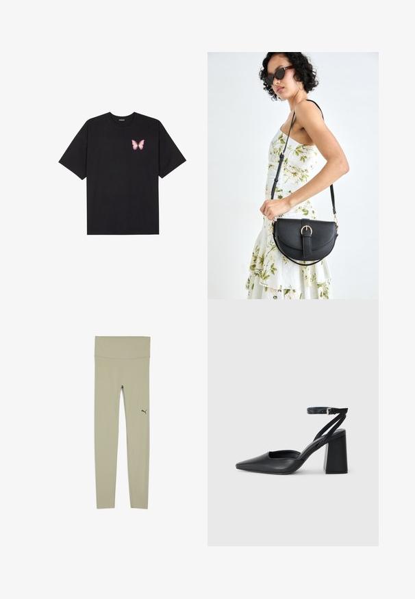 Schwarzes Baumwoll-T-Shirt mit kurzen Ärmeln, das ein kleines pinkes Schmetterlingsmotiv auf der linken Brust zeigt. Crewneck-Design mit einem entspannten Schnitt.; Leggings aus leicht olivgrünem Stoff, mit breitem Bund und einem schwarzen Puma-Logo am unteren linken Bein. Glatte Textur, formbetontes Design.; Schwarze Leder-Pumps mit spitzer Zehe, einem Knöchelriemen und einem blockigen Absatz. Flache Textur, elegantes Design und minimalistische Ästhetik.; Schwarze Lederhandtasche mit geschwungener Form, abnehmbarem Tragegurt und goldenen Beschlägen. Die Tasche verfügt über einen Deckel mit einer Schnallen-Details.
