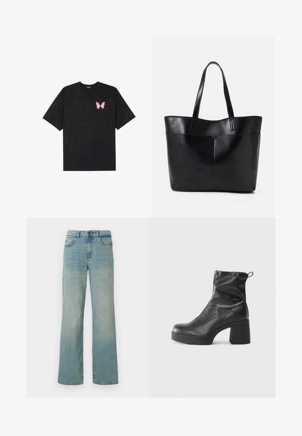 Black cotton t-shirt with short sleeves, featuring a small pink butterfly graphic on the left chest. Crew neck design with a relaxed fit.; Light blue denim jeans with a high waist, wide legs, and classic five-pocket design. Features subtle fading and a button closure.; Black ankle boots made of smooth leather, featuring a side zipper, chunky textured heel, and rounded toe design.; Black leather tote bag with two long handles, a smooth texture, and a structured shape. Features a front pocket for additional storage.