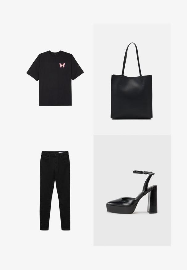 Juodas medvilnės marškinėliai trumpomis rankovėmis, su maža rožine drugelio grafika kairėje krūtinės pusėje. Apvalus kaklo iškirpimas, laisvas kirpimas.; Juodos spalvos liesos juodos džinsinės kelnės, turinčios vidutinio aukščio juosmenį, penkias kišenes, metalinį sagos užsegimą ir subtilias siuvimo detales.; Juodi platforminiai aukšti kulniukai su smailiu kojų pirštu ir reguliuojamu kulkšnies dirželiu. Pagaminti iš lygaus odos, turi masyvų blokinį kulną.; Juodas odinis tote krepšys su lygia tekstūra, stačiakampio formos ir dviem ilgais rankenomis. Matomų metalinių detalių ar puošybos nėra.