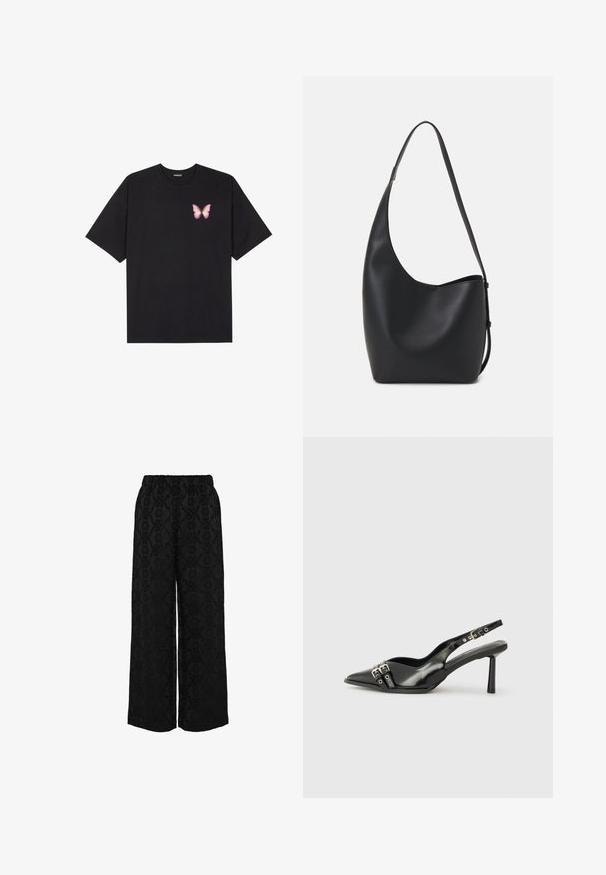 Čierne bavlnené tričko s krátkymi rukávmi, s malým ružovým motýlikom na ľavej hrudi. Design s okrúhlym výstrihom a uvoľneným strihom.; Čierne nohavice s širokými nohavicami s textúrovaným vzorom s kvetinovými a vlnitými motívmi, elastický pás a voľný strih.; Čierne lakované kožené slingback topánky s špicatou špičkou, remienkami okolo členku s striebornými prackami a hardvérom, a štíhlým podpätkom.; Čierna kožená hobo taška so hladkou textúrou, zakriveným tvarom a jedným nastaviteľným popruhom; má široké otvorenie na vrchu.