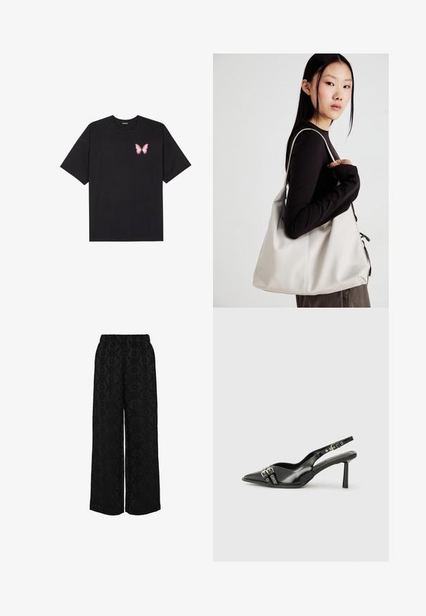 T-shirt de algodão preto com mangas curtas, apresentando um pequeno gráfico de borboleta rosa no lado esquerdo do peito. Design de gola redonda com um corte solto.; Calças largas pretas com um padrão texturizado que apresenta designs florais e em espiral, cintura elástica e corte solto.; Sapato slingback preto em pele patentada com bico apontado, tiras no tornozelo apresentando fivelas e acessórios prateados, e um salto elegante.; Uma bolsa bege feita de material macio, com um design descontraído, detalhes de costura e duas alças para o ombro. Adequada para uso diário.