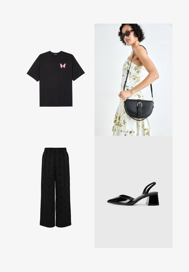 Svart bomulls T-skjorte med korte ermer, med en liten rosa sommerfugl grafikk på venstre bryst. Crew-neck design med en avslappet passform.; Svarte vid bukser med en teksturert mønster av blomster og svevende design, elastisk midjebånd og løs passform.; Svarte patentlær slingback hæler med spiss tå og geometrisk blokk hæl. Har et stilrent, minimalistisk design og jevn tekstur.; Svart lærveske med en buet form, avtagbar stropp og gullbeslag. Vesken har et klaff med spenne-detall.