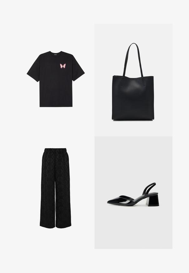 Svart bomulls T-skjorte med korte ermer, med en liten rosa sommerfugl grafikk på venstre bryst. Crew-neck design med en avslappet passform.; Svarte vid bukser med en teksturert mønster av blomster og svevende design, elastisk midjebånd og løs passform.; Svarte patentlær slingback hæler med spiss tå og geometrisk blokk hæl. Har et stilrent, minimalistisk design og jevn tekstur.; Svart lær tote bag med glatt tekstur, rektangulær form og to lange håndtak. Ingen synlige deler eller dekorasjoner.