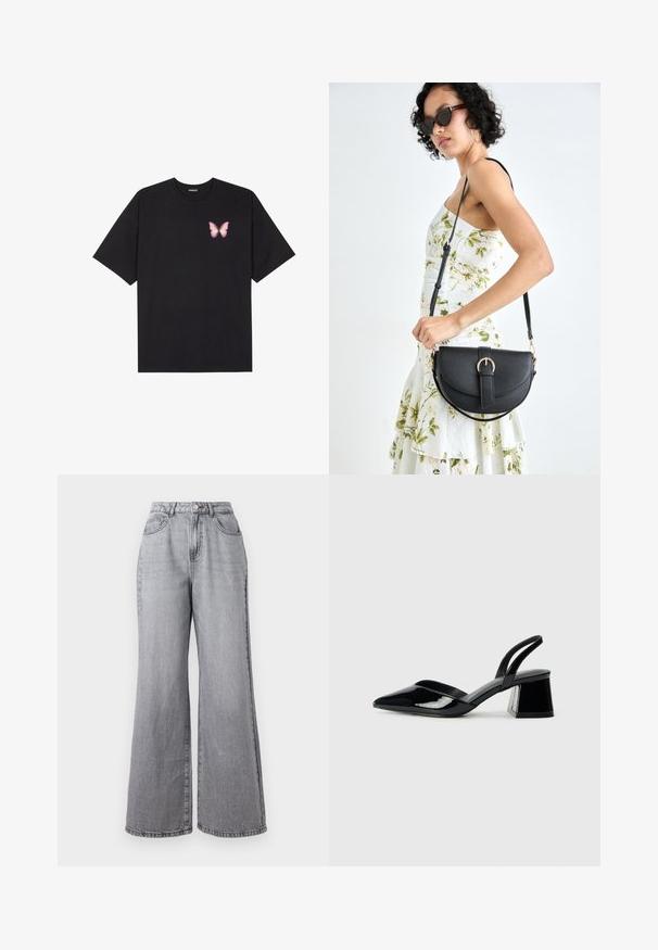 Melna kokvilnas T-krekls ar īsām piedurknēm, kuram priekšā kreisajā pusē ir neliels rozā tauriņa grafiskais attēls. Ar apaļu kaklu un brīvā stila piegriezumu.; Gaišpelēki platajiem džinsiem, izgatavoti no denima, ar augstu jostasvietu, piecām kabatām un viegli nodilušu tekstūru. Metāla pogas un rāvējslēdzēja aizdare.; Melna lakota āda ar atvērto papēdi, ar smailu purngalu un ģeometrisku blokpapēdi. Iezīmējas elegants, minimāls dizains un gluda tekstūra.; Melnas ādas rokassoma ar izliekta formu, noņemamu siksnu un zelta aksesuāriem. Somai ir vāciņš ar sprādzes detaļu.