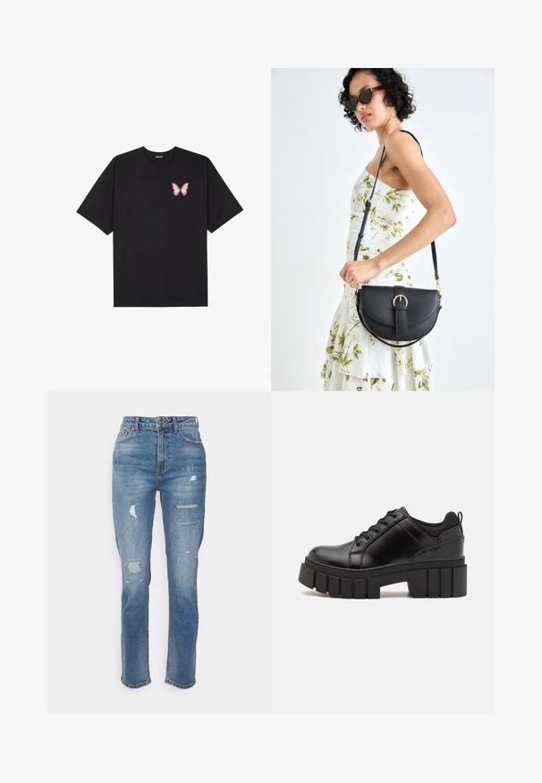 T-shirt de algodão preto com mangas curtas, apresentando um pequeno gráfico de borboleta rosa no lado esquerdo do peito. Design de gola redonda com um corte solto.; Jeans de ganga azuis de cintura alta com um corte reto. Apresentam detalhes desgastados com rasgos e desfiados na parte da frente.; Sapatos de plataforma em couro preto com um salto bloco robusto, bico redondo e design clássico de atacadores. Apresentam uma textura suave e detalhes mínimos.; Bolsa de couro preta com forma curva, alça destacável e detalhes em dourado. A bolsa possui uma aba com detalhe de fivela.