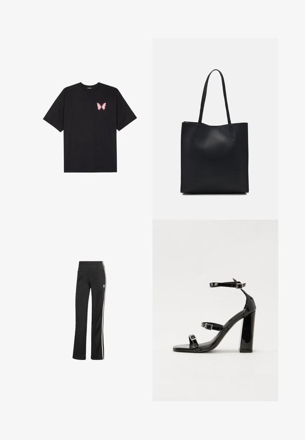 Svart bomulls T-skjorte med korte ermer, med en liten rosa sommerfugl grafikk på venstre bryst. Crew-neck design med en avslappet passform.; Sorte treningsbukser med avslappet passform, med hvite sidestriper og elastisk midjebånd. Inkluderer en liten logo detalj på siden.; Svart høyglans sandaler med hæl, firkantet tå, ankelremmer og sølvspenner. Har en kraftig blokkhæl for stabilitet.; Svart lær tote bag med glatt tekstur, rektangulær form og to lange håndtak. Ingen synlige deler eller dekorasjoner.